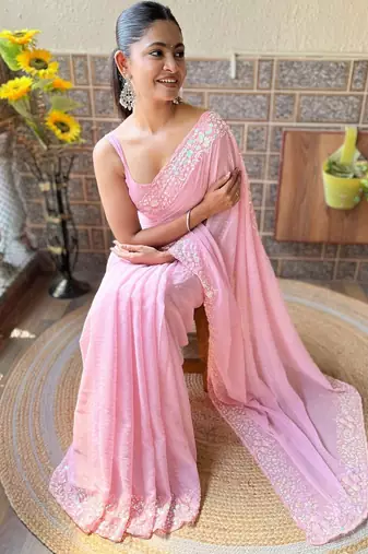 pink embellished sequinned pure georgette saree