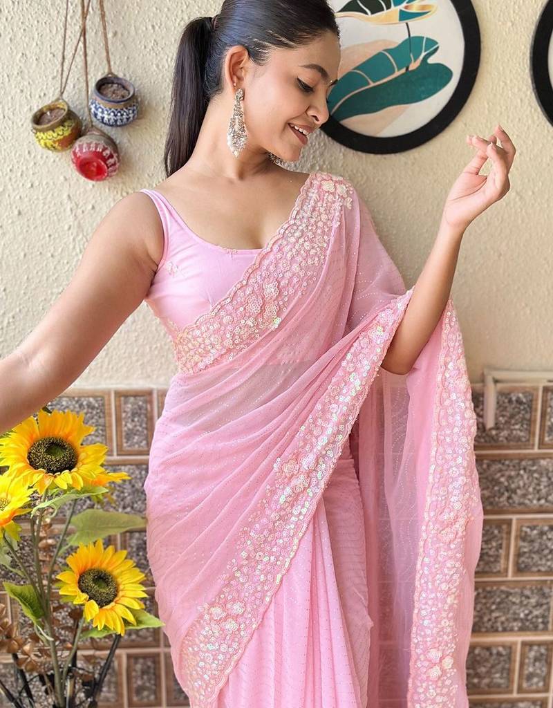 pink embellished sequinned pure georgette saree