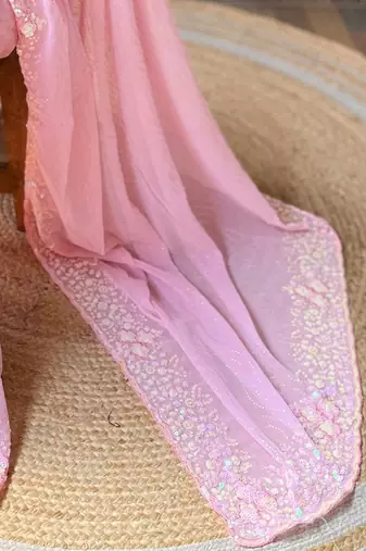 pink embellished sequinned pure georgette saree