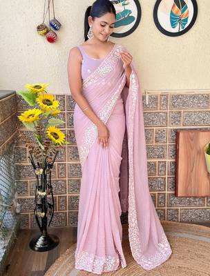 mauve embellished sequinned poly georgette saree 1