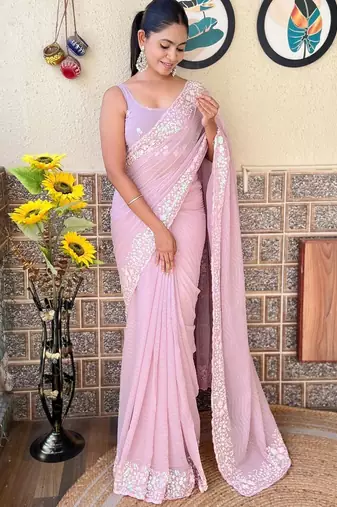 mauve embellished sequinned poly georgette saree