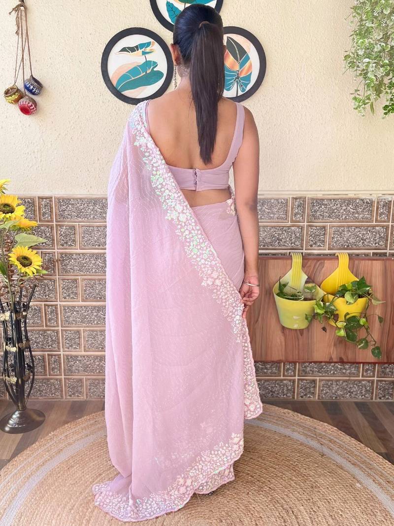 mauve embellished sequinned poly georgette saree
