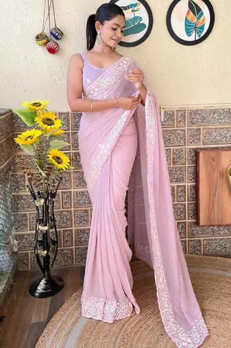 mauve embellished sequinned poly georgette saree