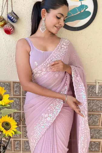 mauve embellished sequinned poly georgette saree