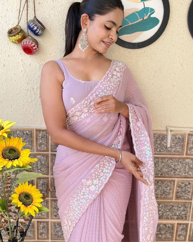 mauve embellished sequinned poly georgette saree
