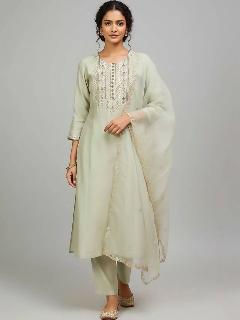 structured women embroidered kurta with trousers with dupatta