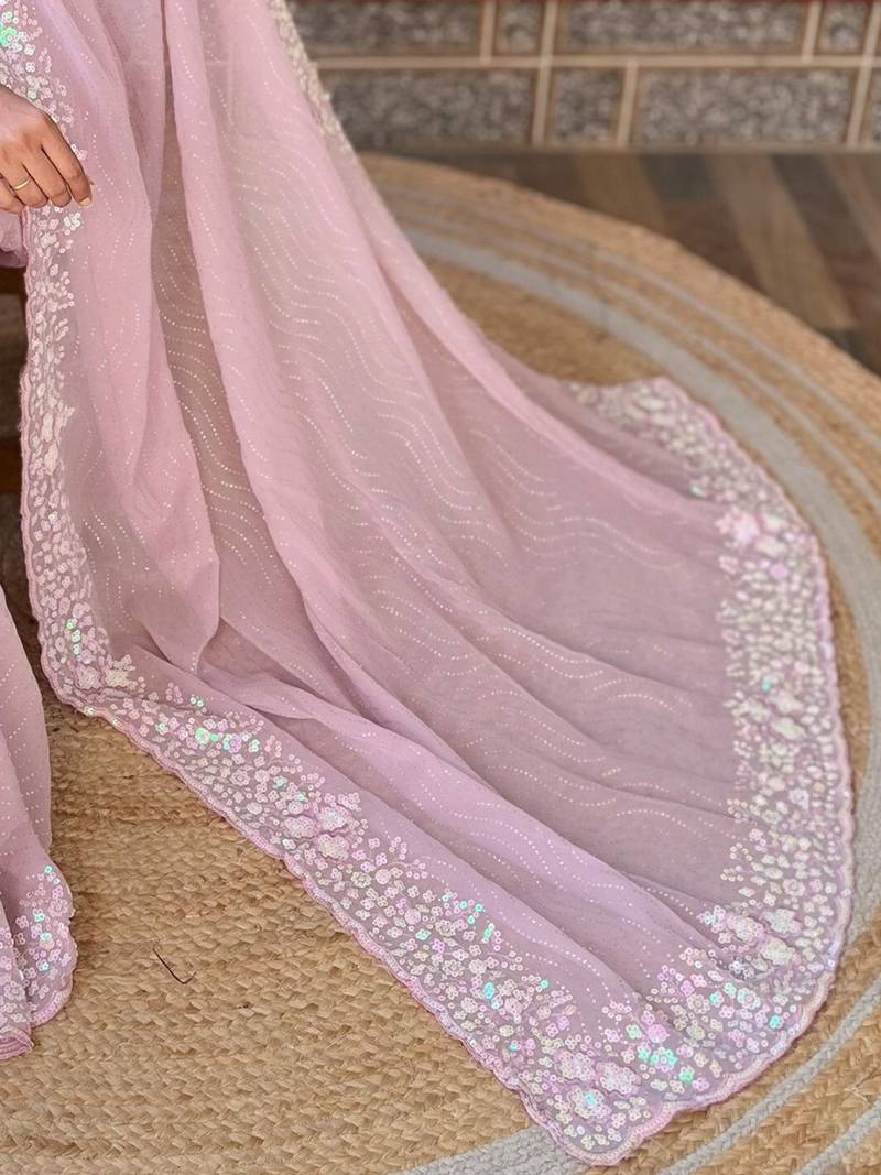 mauve embellished sequinned poly georgette saree