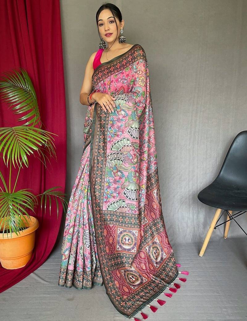 pink ethnic motif printed saree