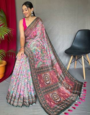 pink ethnic motif printed saree 2