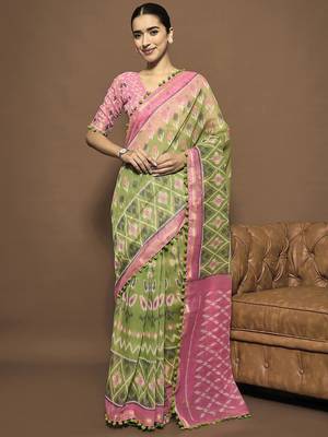 green ethnic motifs zari ready to wear ikat saree 1