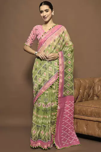 green ethnic motifs zari ready to wear ikat saree