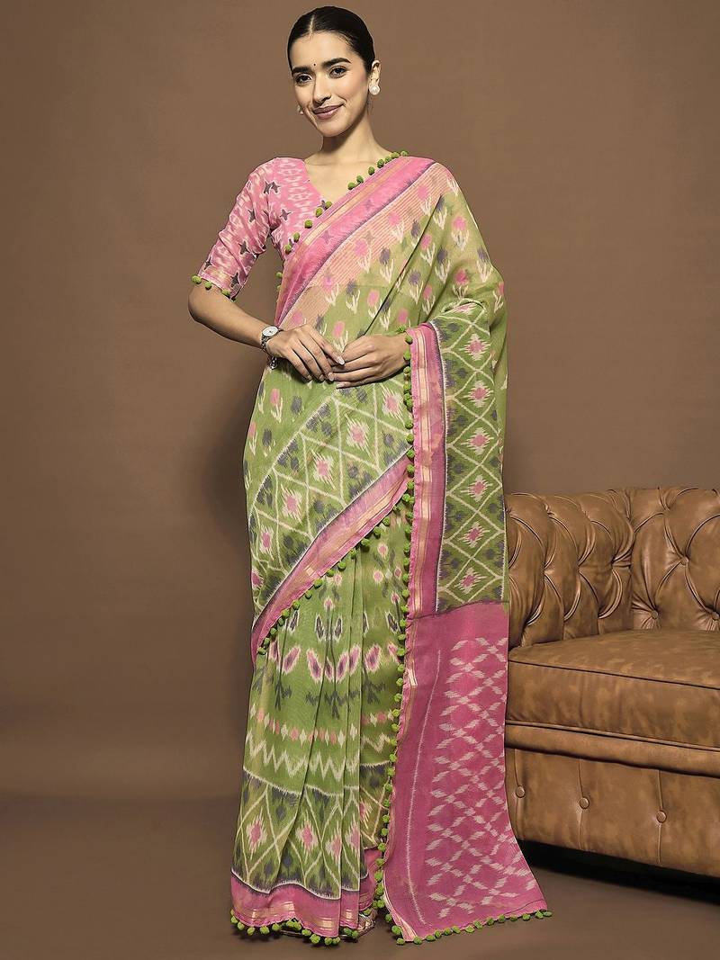 green ethnic motifs zari ready to wear ikat saree