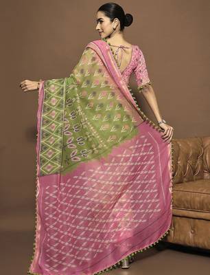 green ethnic motifs zari ready to wear ikat saree 2
