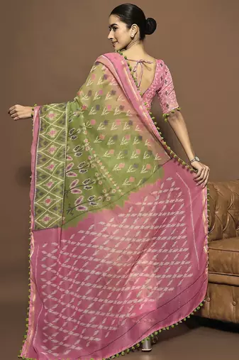 green ethnic motifs zari ready to wear ikat saree