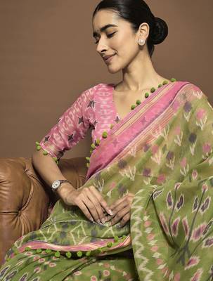 green ethnic motifs zari ready to wear ikat saree 3