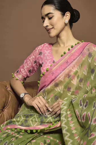 green ethnic motifs zari ready to wear ikat saree