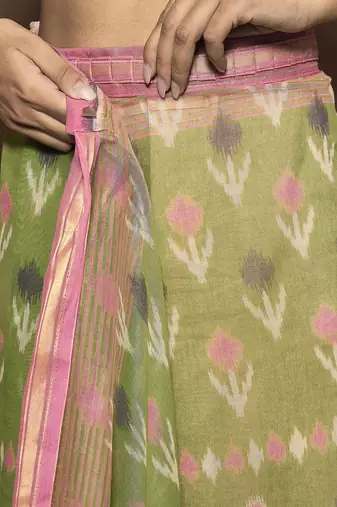 green ethnic motifs zari ready to wear ikat saree