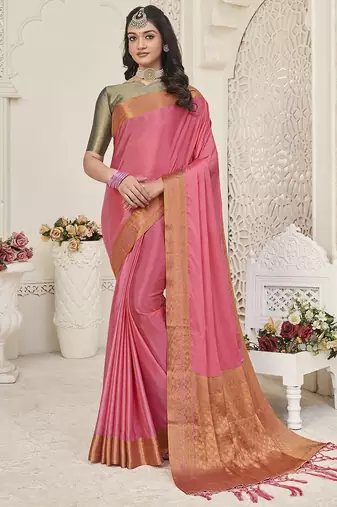 pink pink & gold-toned zari banarasi saree
