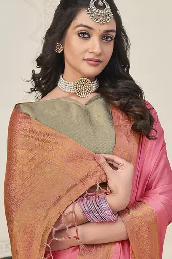 pink pink & gold-toned zari banarasi saree