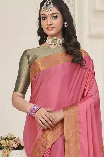 pink pink & gold-toned zari banarasi saree