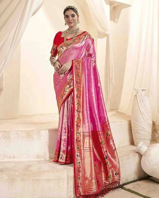 pink woven design zari paithani saree 1