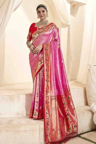 pink woven design zari paithani saree
