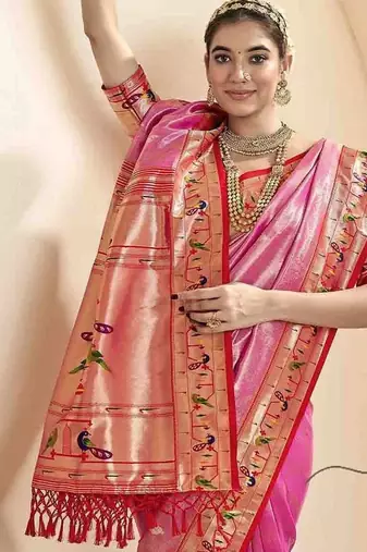 pink woven design zari paithani saree
