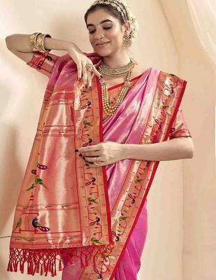 pink woven design zari paithani saree 3