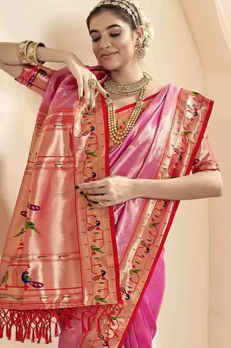 pink woven design zari paithani saree