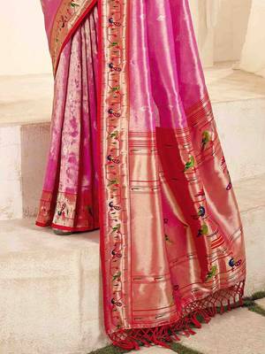 pink woven design zari paithani saree 4