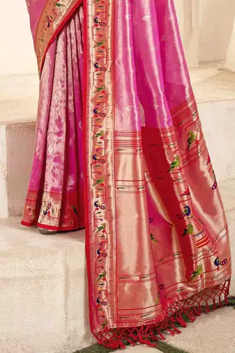 pink woven design zari paithani saree