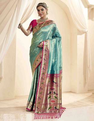 turquoise ethnic motifs woven design zari paithani saree 1
