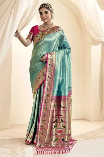 turquoise ethnic motifs woven design zari paithani saree