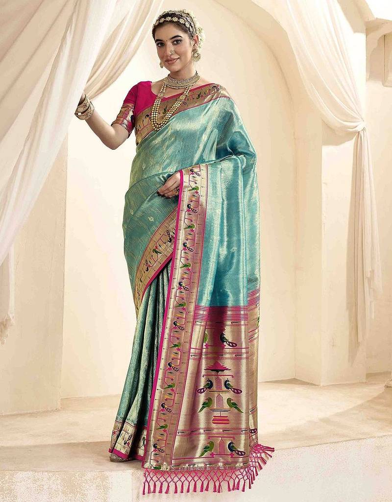 turquoise ethnic motifs woven design zari paithani saree