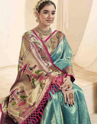 turquoise ethnic motifs woven design zari paithani saree 2
