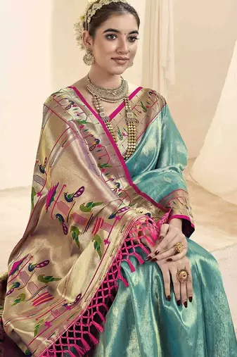 turquoise ethnic motifs woven design zari paithani saree