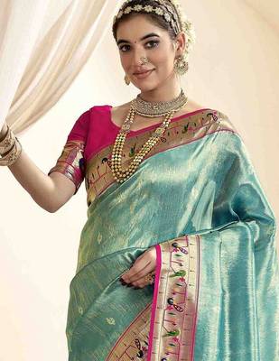 turquoise ethnic motifs woven design zari paithani saree 3