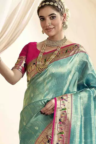 turquoise ethnic motifs woven design zari paithani saree
