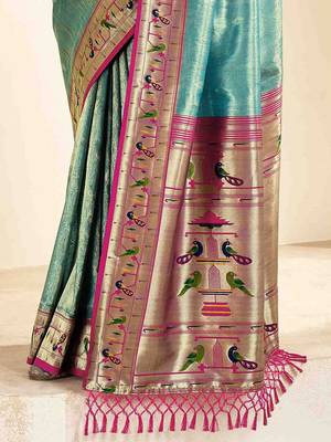 turquoise ethnic motifs woven design zari paithani saree 4