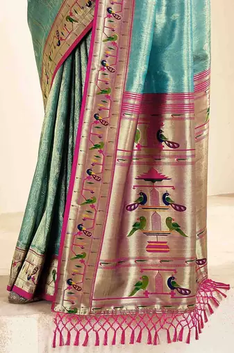 turquoise ethnic motifs woven design zari paithani saree