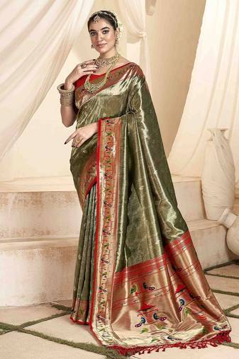 green woven design zari paithani saree