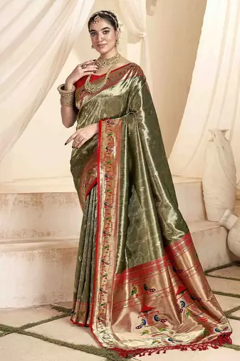 green woven design zari paithani saree
