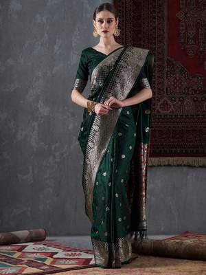 green green & gold-toned ethnic motifs woven design zari satin banarasi saree 1