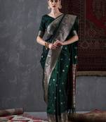 green green & gold-toned ethnic motifs woven design zari satin banarasi saree