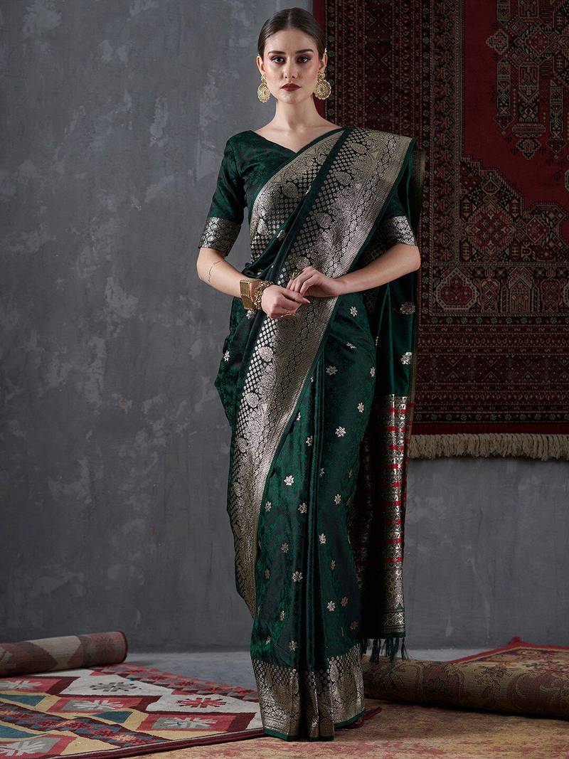 green green & gold-toned ethnic motifs woven design zari satin banarasi saree