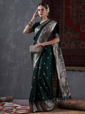 green green & gold-toned ethnic motifs woven design zari satin banarasi saree 2