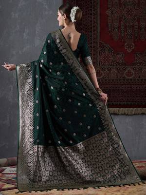 green green & gold-toned ethnic motifs woven design zari satin banarasi saree 3