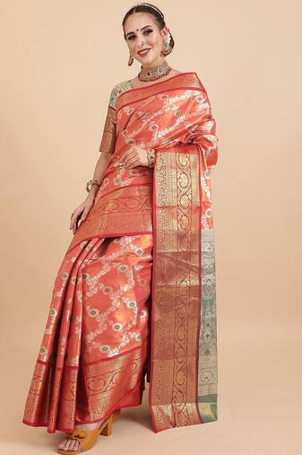 orange orange woven design zari silk blend banarasi saree