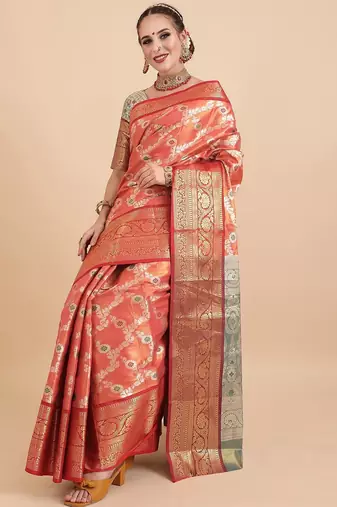 orange orange woven design zari silk blend banarasi saree