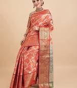 orange orange woven design zari silk blend banarasi saree